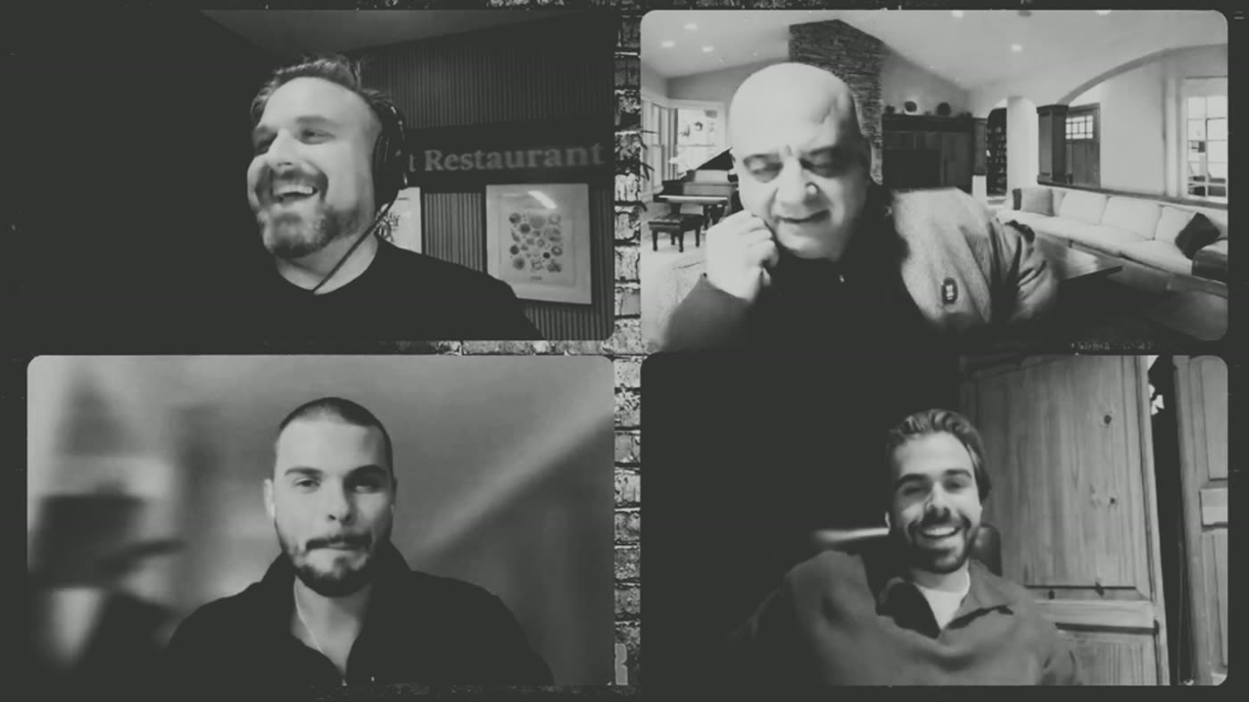 Four hospitality guests laughing together during a Late Night Restaurant Podcast recording